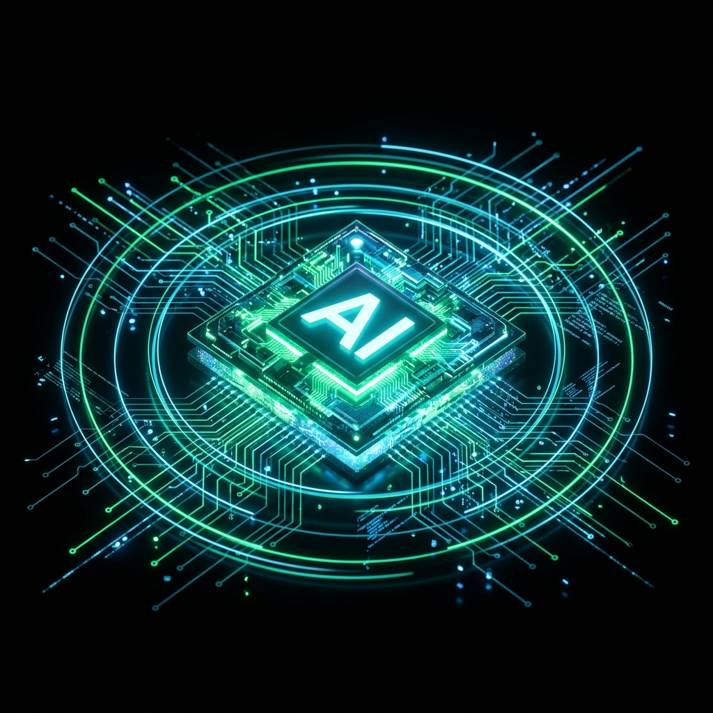 AVENIX AI Processor Architecture with Glowing Concentric Emerald and Cyan Rings